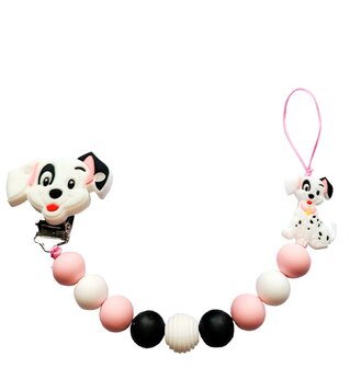 Roze-zwart speenkoord met puppy en siliconen kralen, gemaakt met dubbel touw voor extra stevigheid.