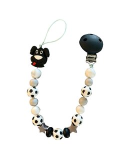 Tutkoord met voetbal-kralen, zwarte clip en hondje in zwart/wit tinten.