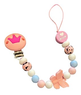 Pastel speentouw met roze kroonclip, vlinderhanger, &ldquo;I ❤️ Mom&rdquo; kraal en zachte pastel silicone kralen.