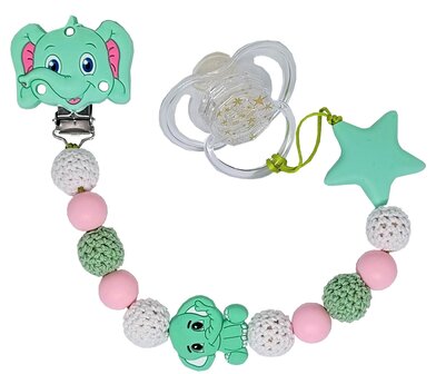 Mintgroen tutkoord met olifant, gehaakte kralen en ster, gemaakt met dubbel touw voor extra stevigheid.