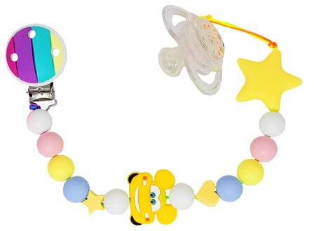 Pastel tuttouw met geel autootje en siliconen ster, uitgevoerd met dubbel touw voor extra stevigheid.