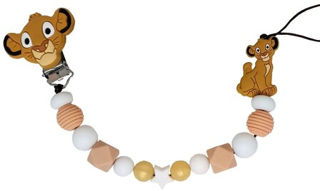Beige en wit siliconen speenkoord met verschillende kralenvormen ende leeuwenkoning, vervaardigd met dubbel touw voor extra ste