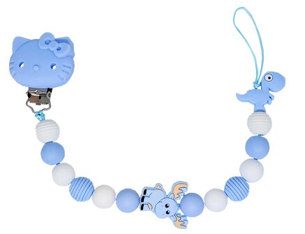 Blauw-wit siliconen speenkoord met dierenfiguren, kattenclip en dinosaurus, gemaakt met dubbel touw voor extra sterkte. Baby ac