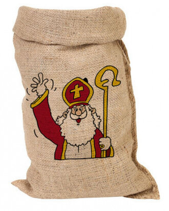Grote gevulde Sinterklaaszak met 25 verrassingen, speelgoed, snoep en gepersonaliseerde Pietenbaret.