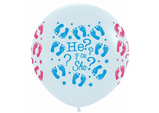 Grote ballonpilaar van ongeveer 2 meter hoog met roze en blauwe gender reveal ballonnen en een grote topballon met de tekst &qu