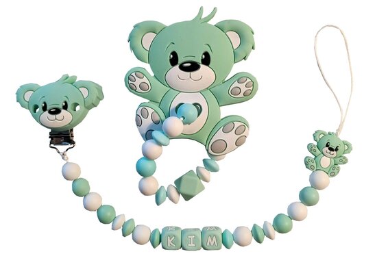 Siliconen tutkoord en bijtring set - mint groen beertje