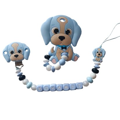 Siliconen tutkoord en bijtring set met naam - blauw hondje