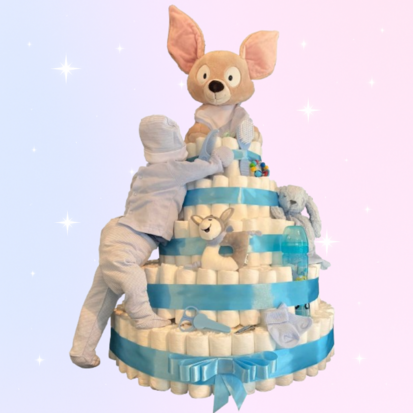 XXXL Pampertaart met 435 pampers & klimende baby en konijntje