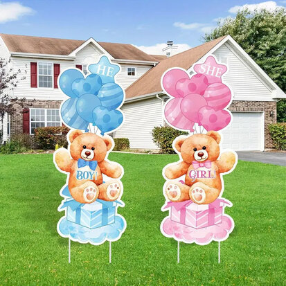 2 Sets Gender Reveal Tuinborden met Stokken – Roze & Blauwe Beer, “Hij” & “Zij” Ballonnen