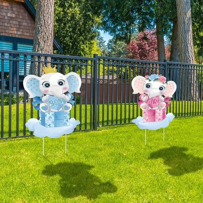 2 Sets Gender Reveal Tuinborden met Stokken – Roze & Blauwe olifantjes