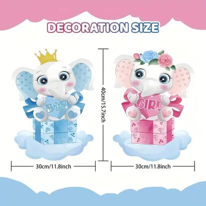 2 Sets Gender Reveal Tuinborden met Stokken – Roze & Blauwe olifantjes