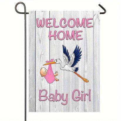 Welkom Thuis Baby Meisje Tuinvlag – Roze Ooievaar & Baby 