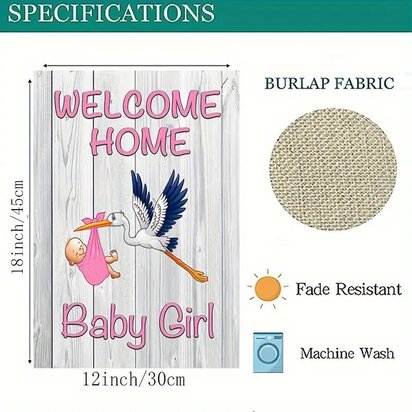 Welkom Thuis Baby Meisje Tuinvlag – Roze Ooievaar & Baby 