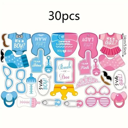 Maak je gender reveal of babyshower extra leuk met deze set van 30 feestelijke fotoprops! De accessoires zijn perfect om grappi