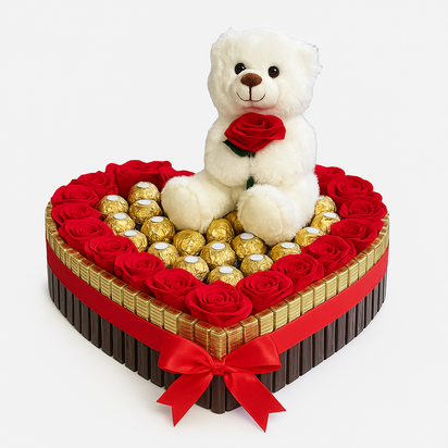 Snoeptaart hart 30cm met valentijns beertje