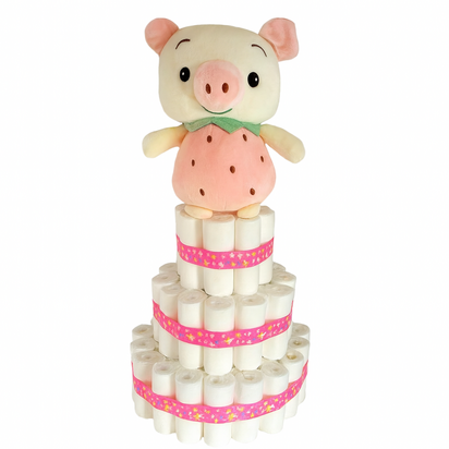 Pampertaart Varkentje – Handgemaakt Kraamcadeau – Luiertaart Meisje met Roze Lint