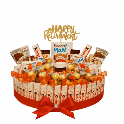 Ronde Luxe Snoeptaart met Kinder Chocolade, met taartopper Happy retirement