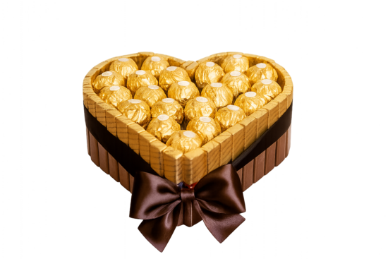 Hartvormige luxe chocoladetaart met gouden Ferrero Rocher en Merci chocoladerepen rondom. Afgewerkt met een elegante brede sati