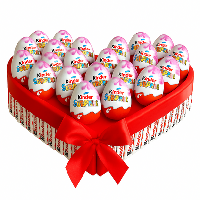 Hartvormige cadeaubox gevuld met Kinder Surprise eieren, afgewerkt met Kinder chocoladerepen langs de rand en een grote rode sa