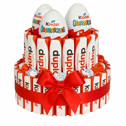 2-laagse Kinder cadeautaart opgebouwd met Duplo, Kinder chocoladerepen, Kinder Surprise en Schoko-Bons. Afgewerkt met luxe rode