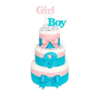 drie-laagse gender reveal luiertaart met roze-blauw lint, luxe strikken en “Girl or Boy” topper.rplaat.