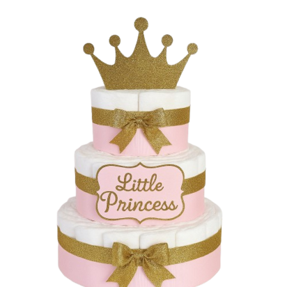driedelige luiertaart in roze en goud met luxe strikken en glitter kroon-topper.