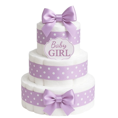 Drie-laagse witte luiertaart met lila satijnen strikken en lila polkadot linten, voorzien van een “Baby Girl” label. Elegan
