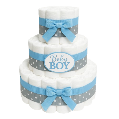 Drie-laagse witte luiertaart met blauwe satijnen strikken, grijs polkadot lint en een “Baby Boy” label in het midden. Luxe 
