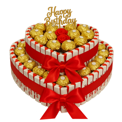 Een tweelaagse, hartvormige chocoladecadeautaart met gouden Ferrero Rocher pralines en Kinder chocolaatjes, omringd door elegan