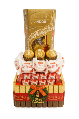 Handgemaakt luxe kerstcadeau van Luxecadeaumanden met Merci, Mon Ch&eacute;ri, Raffaello, Ferrero Rocher en Lindt chocolade, fe