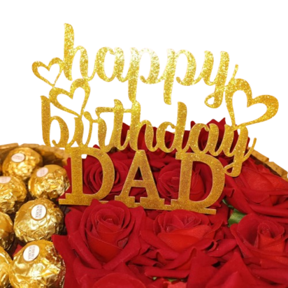 Luxe hartvormige snoeptaart van 30 cm met Merci chocolades, Raffaello, rode rozen en gouden &ldquo;Happy Birthday Dad&rdquo; 