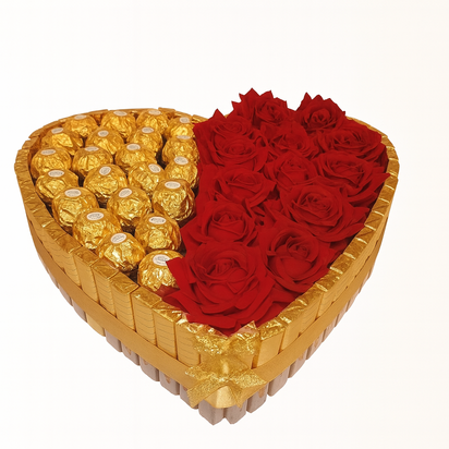 Hartvormige luxe snoeptaart van 30 cm met Merci chocolades, Ferrero Rocher en rode rozen, handgemaakt door Luxecadeaumanden.