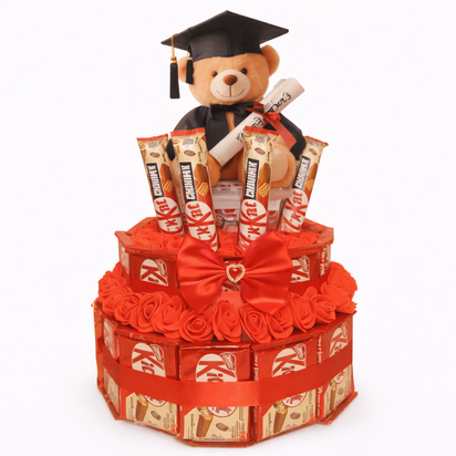 KitKat Chocoladecadeautaart &ndash; Luxe Rode Rozen & Strik &ndash; Afgestudeerd