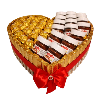 Luxe hartvormige chocoladegift gevuld met gouden Ferrero Rocher pralines en mini Nutella potjes, afwerkt met Merci chocoladerep