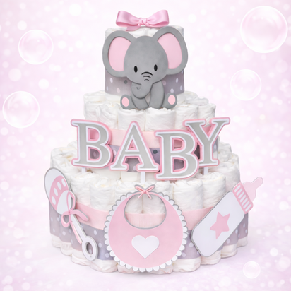 Luier&shy;taart Baby Olifant &ndash; Roze & Grijs