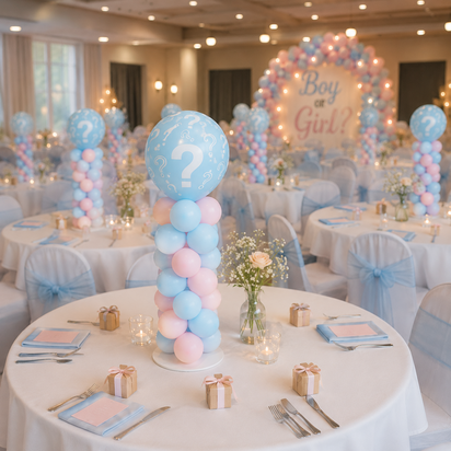 Gender reveal ballon tafelstuk van ongeveer 1 meter hoog met roze en blauwe ballonnen en een grote decoratieve topballon. Ideaa
