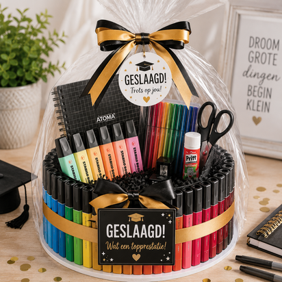 Luxe geslaagd stiftentaart van 23 cm breed en circa 35 cm hoog, opgebouwd uit 51 Stabilo Boss markeerstiften en voorzien van ee