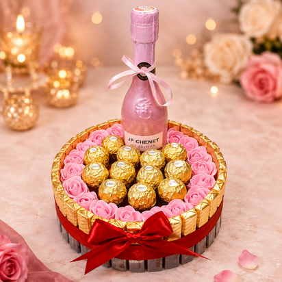 Luxe snoeptaart van ca. 20 cm met Ferrero Rocher, roze decoratieve rozen, goudkleurige chocolade en een flesje JP. Chenet, afge