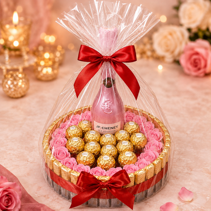 Luxe snoeptaart van ca. 20 cm met Ferrero Rocher, roze decoratieve rozen, goudkleurige chocolade en een flesje JP. Chenet, afge