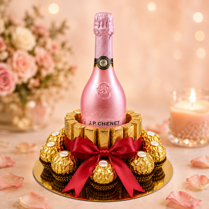 Luxe chocoladetaart met een roze fles J.P. Chenet, Ferrero Rocher en goudkleurige chocolade, afgewerkt met een grote rode satij