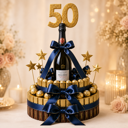 Luxe chocoladetaart met Mas Pere Cava, Ferrero Rocher, goudkleurige chocolade, donkerblauwe satijnen strikken, gouden sterren e