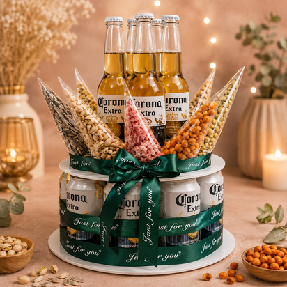 Luxe Corona bier- en snacktaart met Corona Extra, verschillende hartige snacks, donkergroene linten en feestelijke cadeauverpak