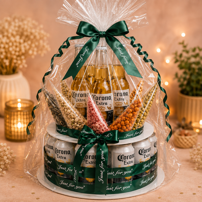 Luxe Corona bier- en snacktaart met Corona Extra, verschillende hartige snacks, donkergroene linten en feestelijke cadeauverpak