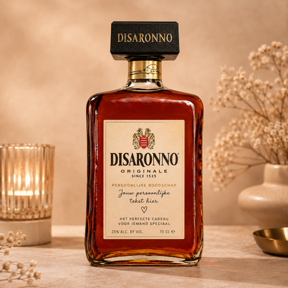 Fles DISARONNO Amaretto Originale 28% 70 cl met gepersonaliseerd etiket en persoonlijke tekst.