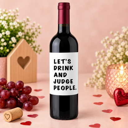 Wijnfles met grappig etiket &ldquo;Let&rsquo;s drink and judge people&rdquo;, verkrijgbaar met rode, witte of ros&eacute; wi