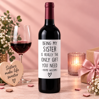 Wijnfles met grappige tekst voor een zus, verkrijgbaar met rode, witte of ros&eacute; wijn en feestelijk verpakt als cadeau.