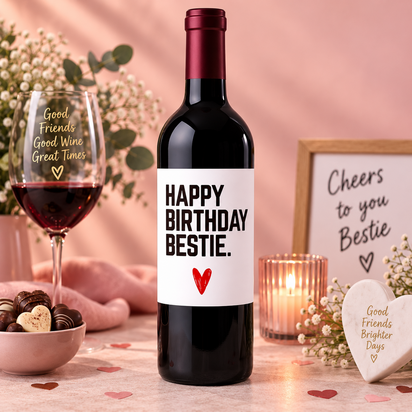 Wijnfles met de tekst Happy Birthday Bestie, verkrijgbaar met rode, witte of ros&eacute; wijn en feestelijk verpakt als verjaardagsca