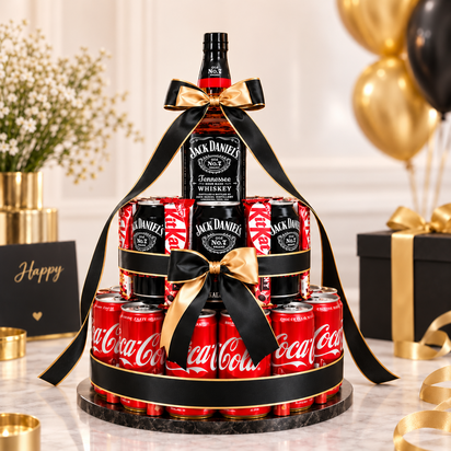 Luxe zwart-gouden cadeautaart met Jack Daniel&rsquo;s Tennessee Whiskey, Coca-Cola en KitKat, optioneel uit te breiden met leeftijd