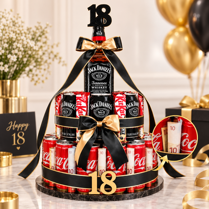 Luxe zwart-gouden cadeautaart met Jack Daniel&rsquo;s Tennessee Whiskey, Coca-Cola en KitKat, optioneel uit te breiden met leeftijd