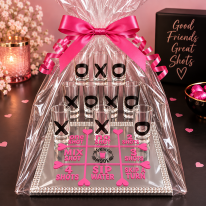 Handgemaakt Tic Tac Toe Spel met spiegelbord, roze speelvakjes, decoratieve steentjes en shotglaasjes met zwarte X- en O-opdruk